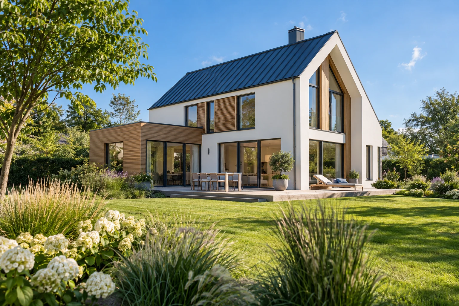 Modernes Einfamilienhaus mit großzügigen Fenstern und Garten – Architekturvisualisierung